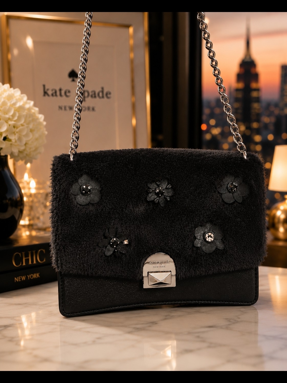 kate spade Black Floral Appliqué Shoulder Bag with Chain Strap